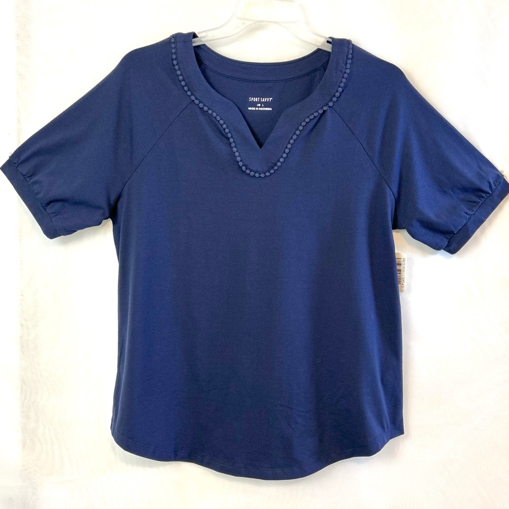 NWT QVC Sport Savvy Navy Blue Elbow Sleeve Pom Neckline Shirt /  Large